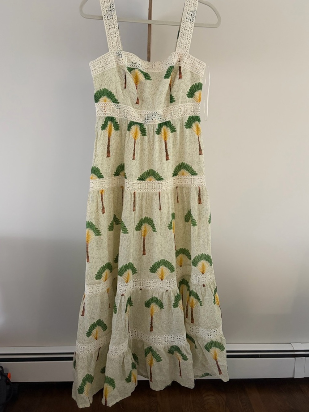 NWT Calypso St Barth Tiered Maxi Dress sz S Palm Tree Print Crochet Trim Cotton